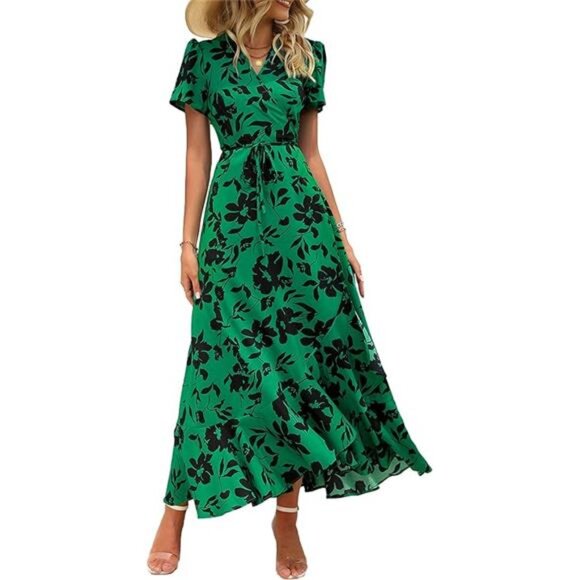PRETTYGARDEN Women's Summer Wrap Maxi Dress Casual Boho Floral V Neck Short - Picture 7 of 7